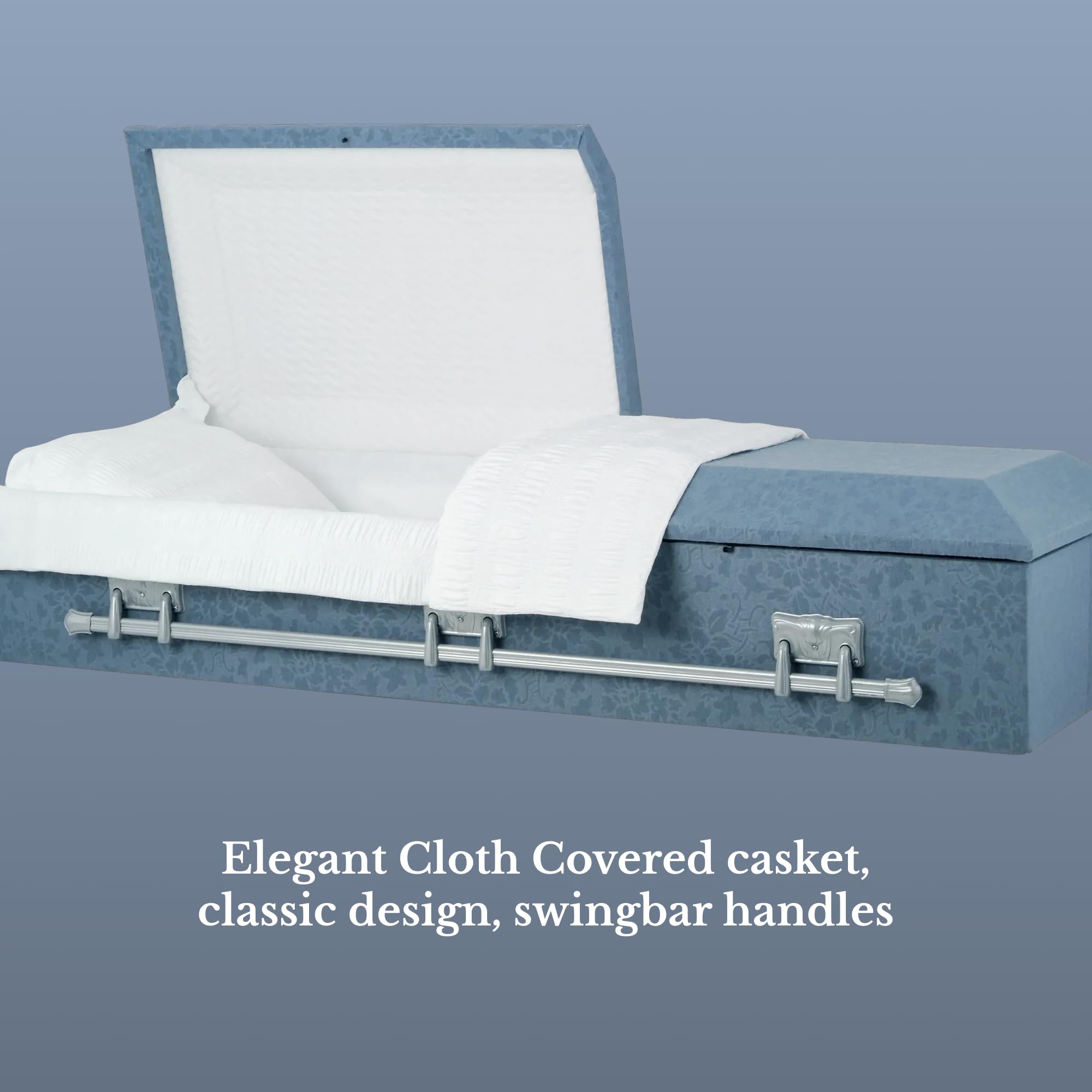 Titan Casket – Oversized Slate Gray Cloth Covered Casket with White Crepe Interior | Handcrafted Large Funeral Casket for Dignified Burial Services