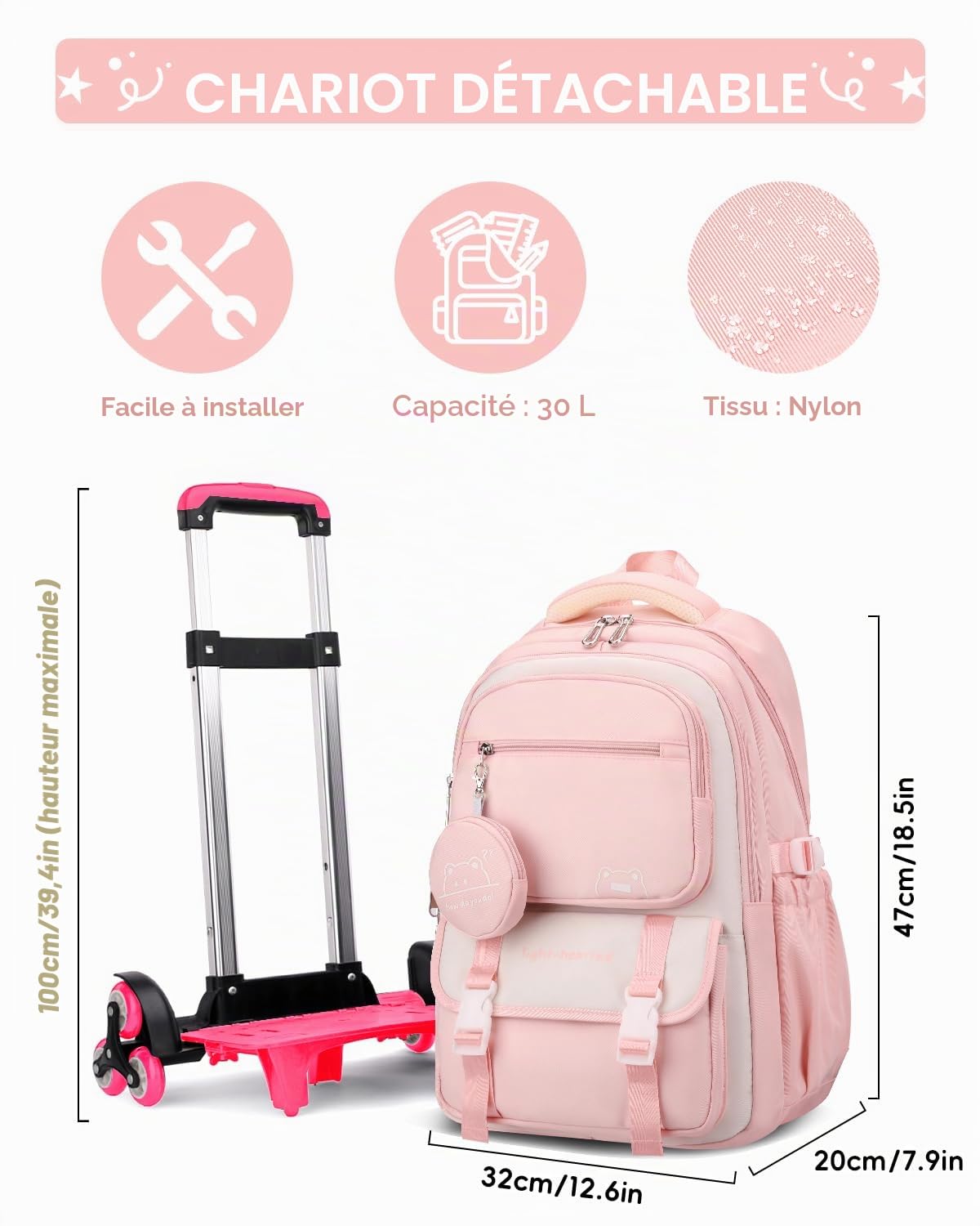 Tanou Cartable a Roulette Fille, 30L Sac à Dos ado College Décontracté