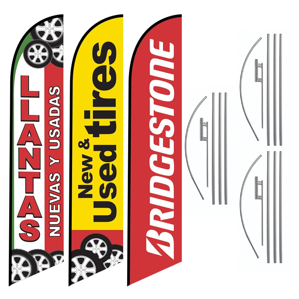 3 Tall Feather Flags - New & Used Tires, Bridgestone & Llantas Nuevas Y Usadas - Flags with Complete Pole Kits and Ground Spikes - Tire Shop outdoor