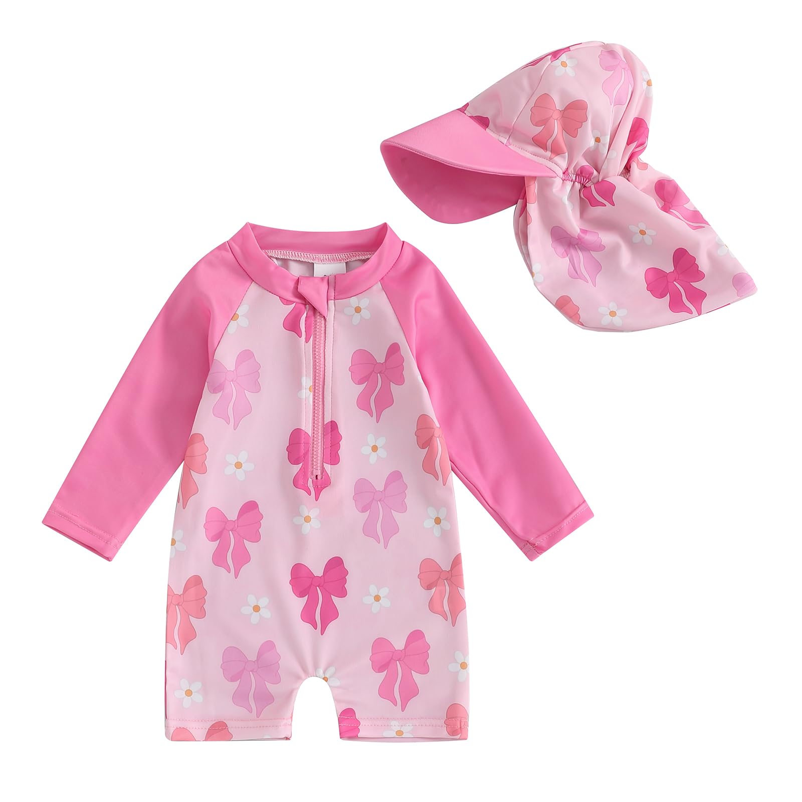 Toddler Baby Girl One-Piece Swimsuit Floral Print Long Sleeve Zip Up Bathing Suit Hat 2Pcs Sets Swimwear Beachwear