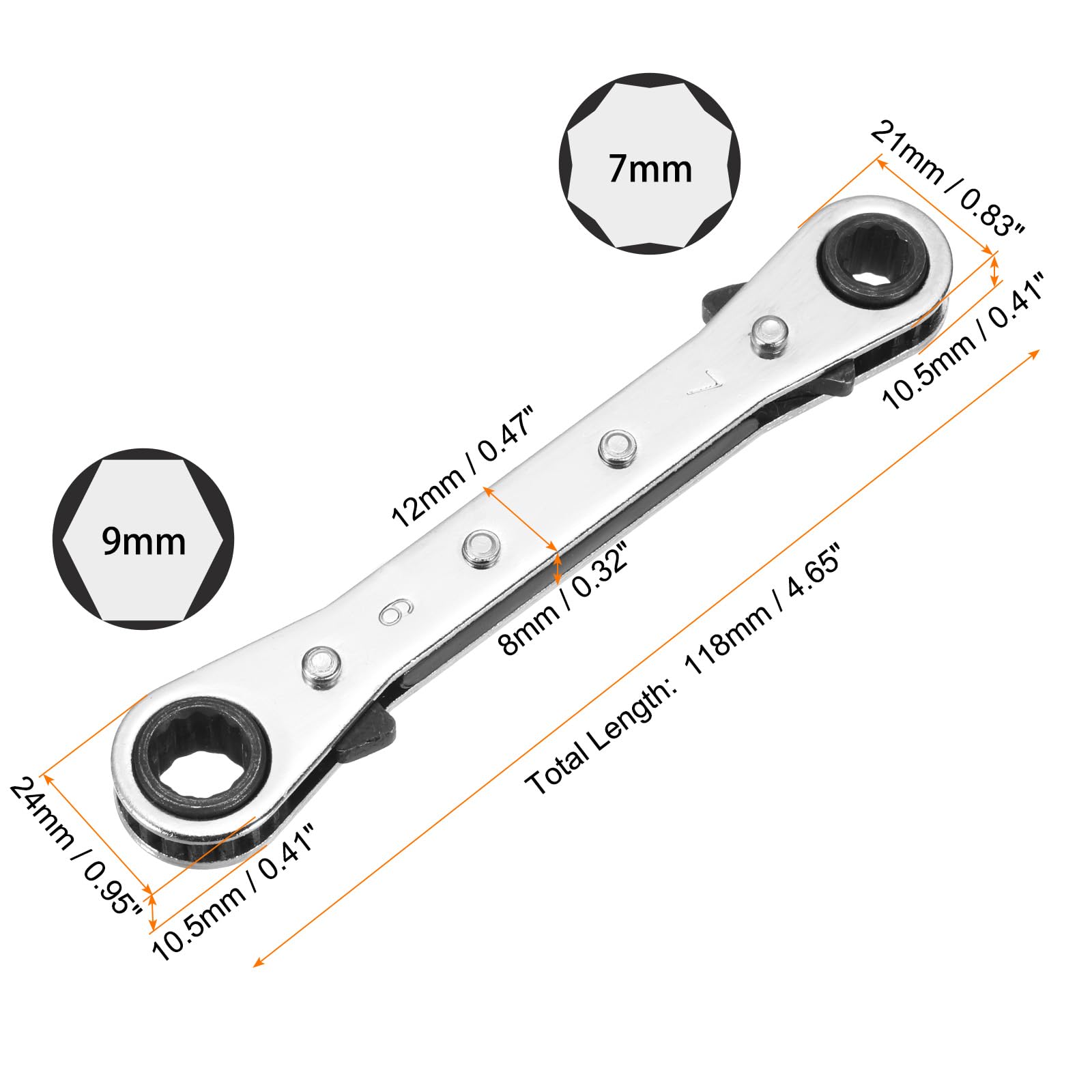 Llave de carraca Reversible de Doble Extremo de 7 mm x 9 mm, Acero CR-V, 180 Grados, métrica, Doble Cabeza, 12 Puntas, 24 Dientes, Ajustable, Color Gris.