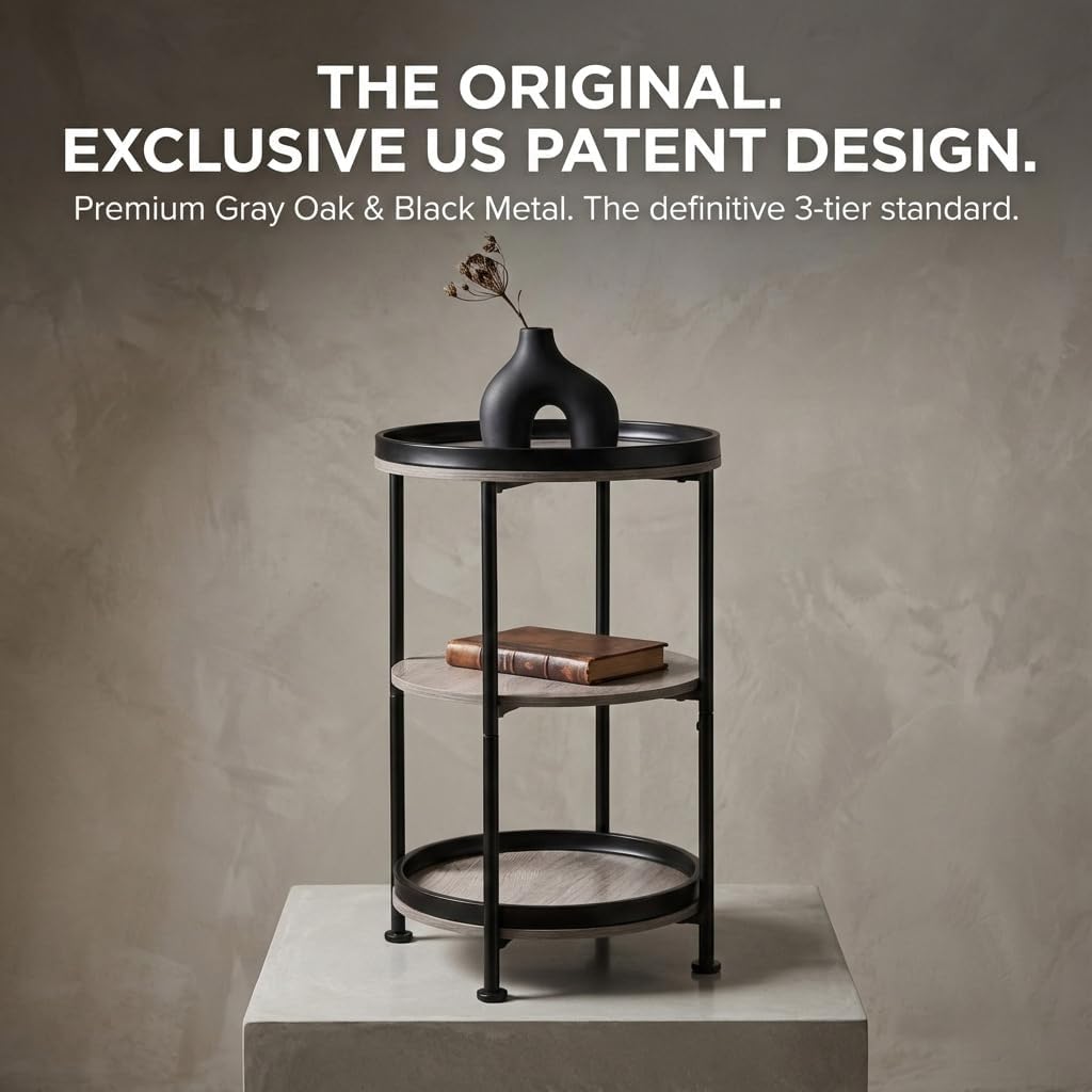 Dulcii Side Table, Round End Table with 3 Storage Shelves for Living Room, Bedroom, Nightstand with Steel Frame for Small Spaces, Industrial Round Sofa Table, Outdoor Accent Coffee Table, Oak