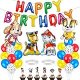 🎂 Contenido del Paquete: 1 guirnalda de globos de "Happy Birthday", 1 juego de decoración para tartas de la patrulla dog canina, 4 globos de papel de aluminio, 24 globos de látex (azul, amarillo, rojo), 8 globos blancos impresos en látex, 2 rollos de cinta blanca, 1 pajita.