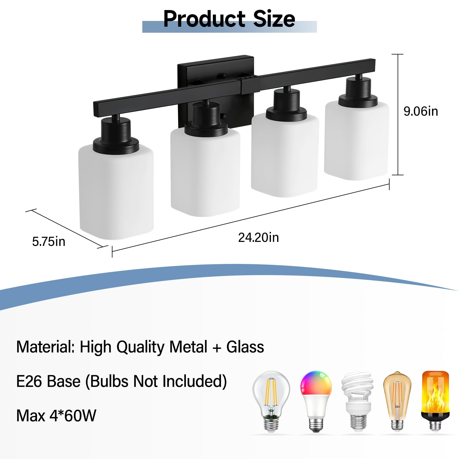 4-Light Bathroom Vanity Light Modern Matte Black Bathroom Light Fixtures with Square Frosted Glass Wall Sconces fixtures Over — view 3