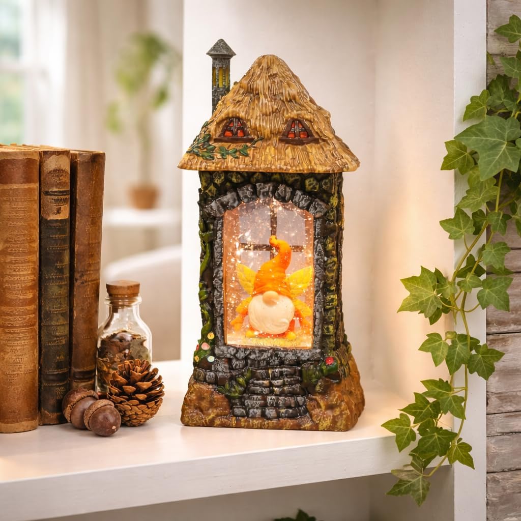 Acrylic Gnome House Lantern LED Light-Up Water Spinning Fall Decoration, Battery Operated Autumn Harvest Home Decor Accent Moments In Time (3 AA Batteries Not Included)