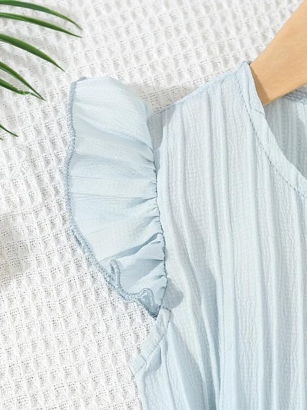 Image of Niren Enterprise Stylish Girls' Pleated Jumpsuit with Ruffle Sleeves, Button-Down Front, and Waist Belt - Comfortable Casual Outfit for Kids