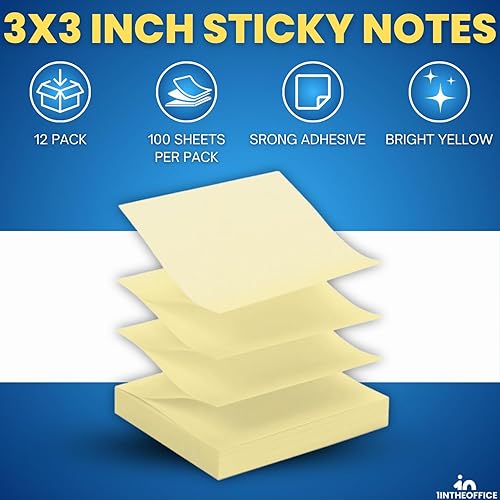 Miniatura 2 de 1InTheOffice Notas adhesivas de 3 x 3, notas adhesivas amarillas, bloc de notas autoadhesivas, 100 hojas/paquete, 12 unidades
