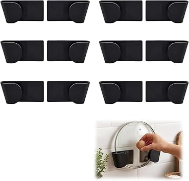 6 Pairs Pan Lid Holder, Saucepan Lid Holder Cupboard Door, No Drill Kitchen Lid Rack, Wall Mounted Pan Lid Storage Organiser for Kitchen, Restaurant, Cabinet, Wall Black