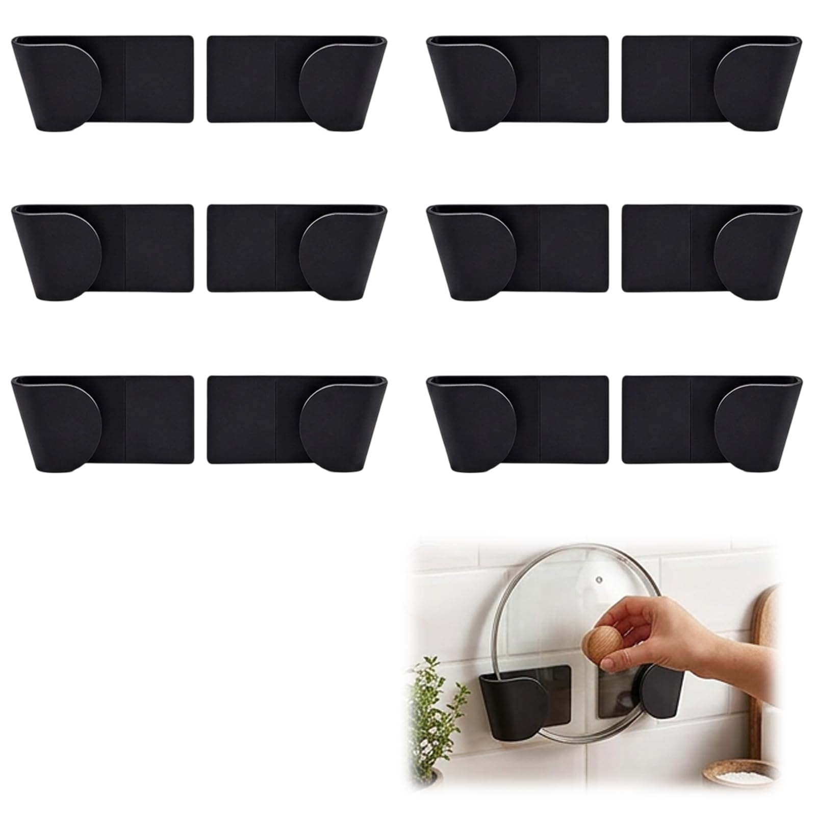 EujRcf 6 Pairs Pan Lid Holder, Saucepan Lid Holder Cupboard Door, No Drill Kitchen Lid Rack, Wall Mounted Pan Lid Storage Organiser for Kitchen, Restaurant, Cabinet, Wall (Black)
