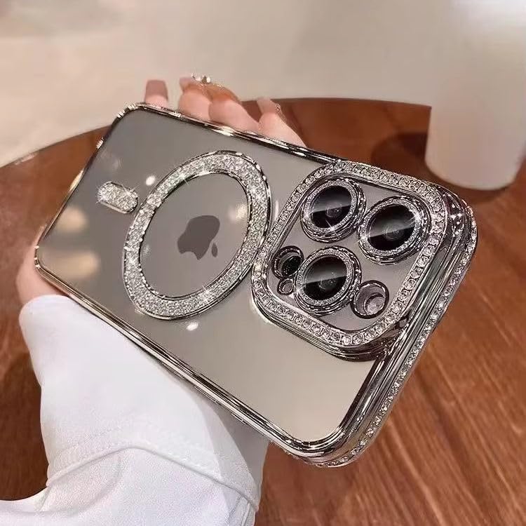 Image of DIZORO Compatible with (iPhone 16 Pro Max Case) Clear Luxury Diamond Glitter Case |Camera Lens Protector with Glitter Ring | Premium Shockproof Glossy Shiny Back Cover Case for Girls Women -Silver