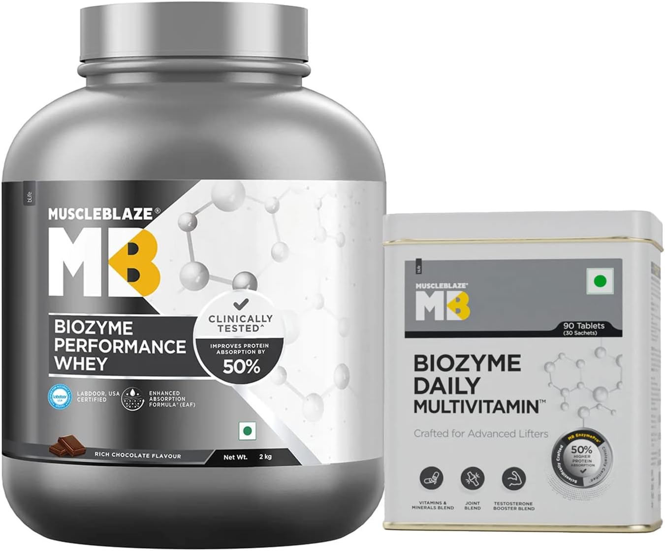 MuscleBlaze Biozyme Performance Whey Protein | Informed Choice UK & Labdoor USA Certified (Rich Chocolate, 2 kg / 4.4 lb) with Biozyme Daily Multivitamin for Men, 90 Tablets (Combo Pack)