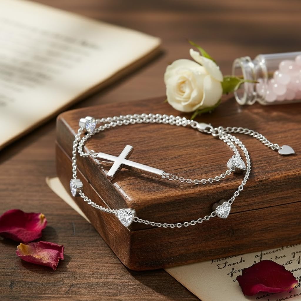 Prismata Cross Birthstone Bracelet 925 Sterling Silver Adjustable 12 Months Birthstone Cross Bracelet Religious Jewelry Gifts for Women Her,with 7"+2" chain - Image 4