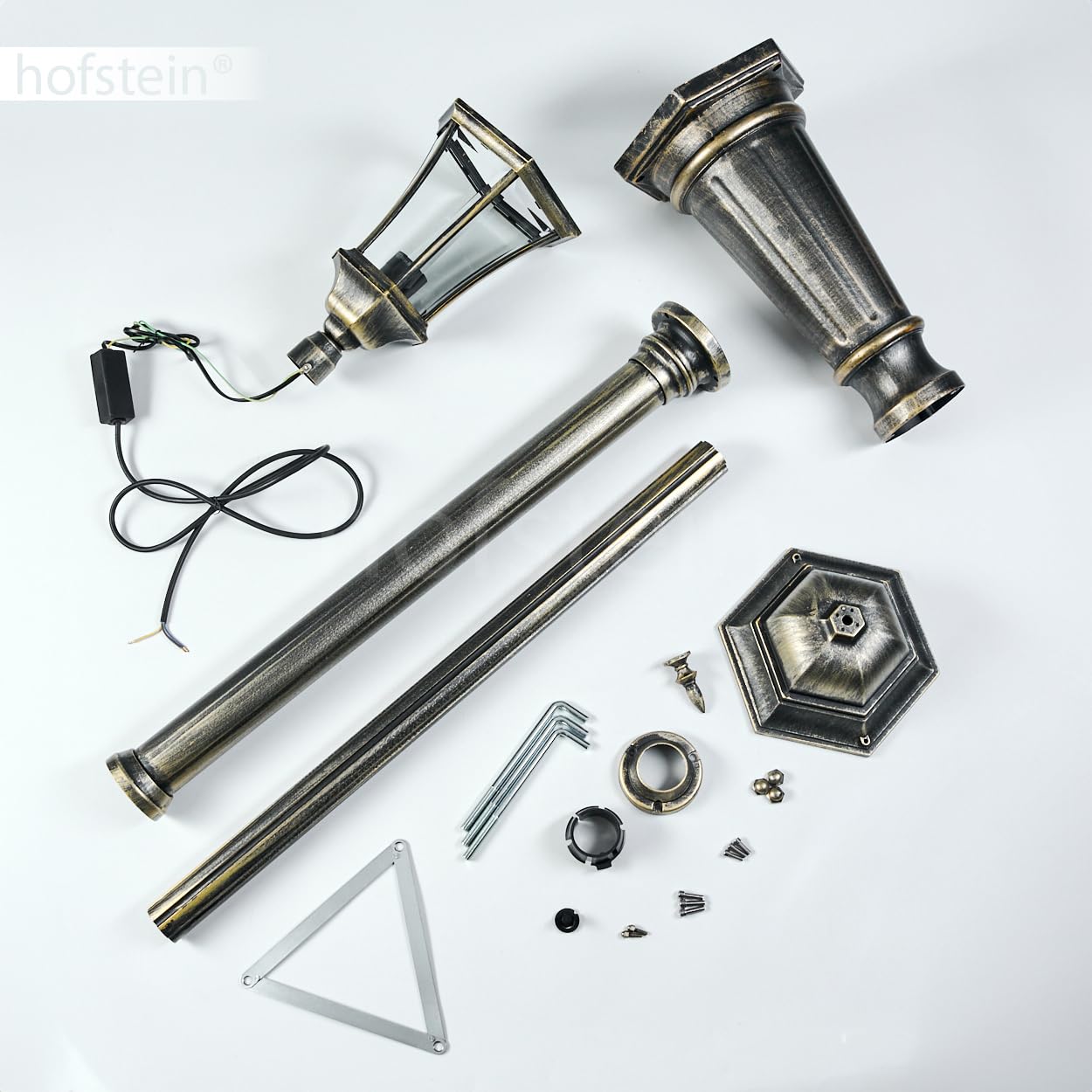 Etoe lampa drogowa zewnętrzna z metalu/szkła w kolorze czarno-złotym/przezroczystym, kandelabr o antycznym wyglądzie, wysokość maks. 230 cm, oświetlenie ogrodu w stylu dworkowym, IP44, 1 x E27, bez