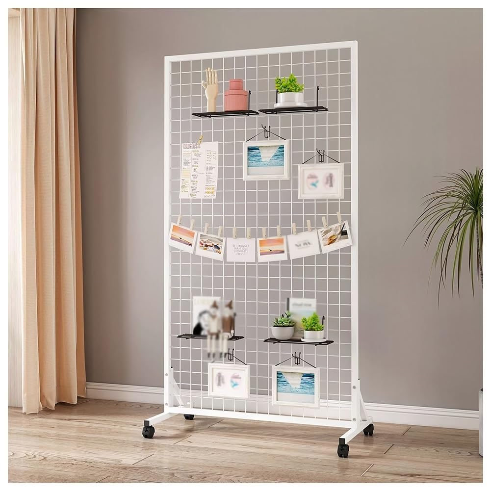 Torre De Paneles De Pared De Rejilla De Alambre Móvil Y Pesada, Estante De Almacenamiento Independiente Con 4 Ruedas Y 20 Ganchos, Expositor De Rejilla Artística Para Tiendas(Blanco,60x40x160 cm)