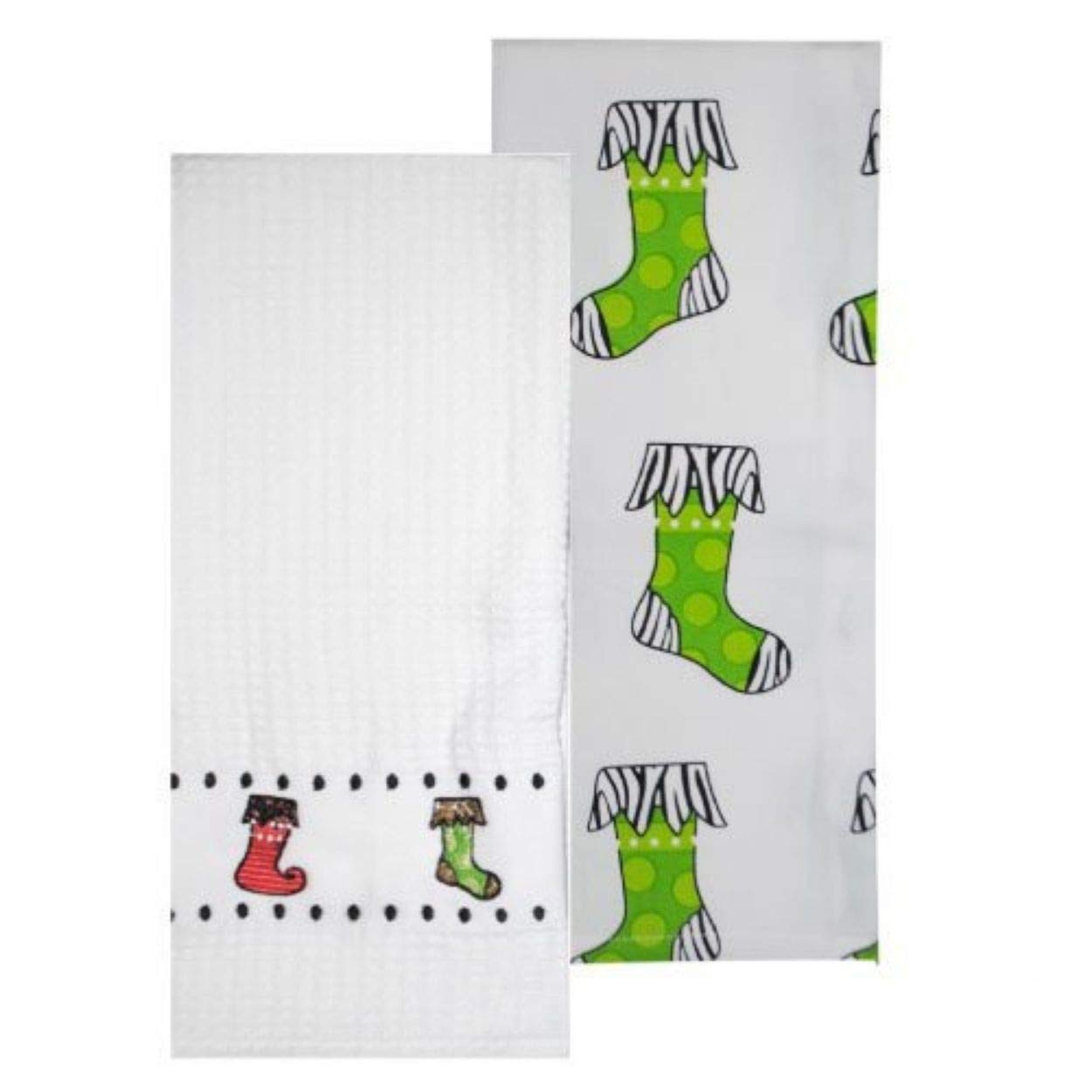 MainStreet CollectionWhite and Green Zebra Print Holiday Stocking 100% Cotton Dish Towel Set of Two