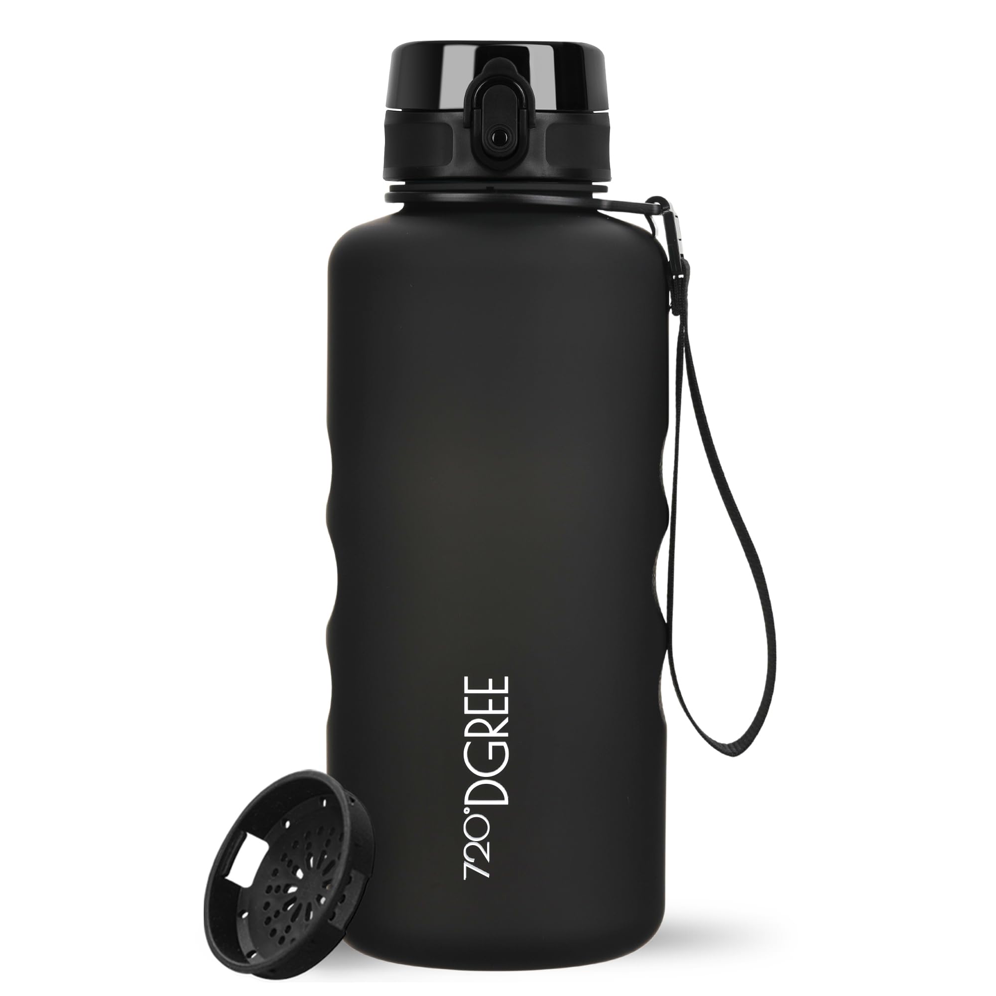 720°Dgree Black "Uberbottle" Softtouch Water Bottle 2 L + Strainer - Bpa-Free, Motivational Scale, Removable Loop, Tight - Lightweight Tritan Sports Bottle - Water Bottle For University, Job, Sports, Gym,