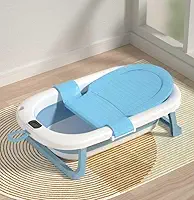 Kit Banheira Dobrável de Bebê com Termômetro Digital, Banheira de Bebê Dobrável Rede de banho, Ideal para Banho de Recém-Nascido, Branco e Azul