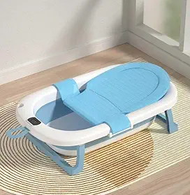 Kit Banheira Dobrável de Bebê com Termômetro Digital, Banheira de Bebê Dobrável Rede de banho, Ideal para Banho de Recém-Nascido, Branco e Azul