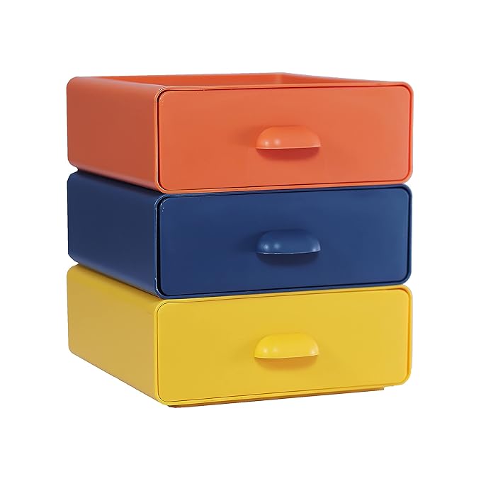 3 beautiful stackable plastic storage drawers, tabletop stackable drawers Multicolored storage
