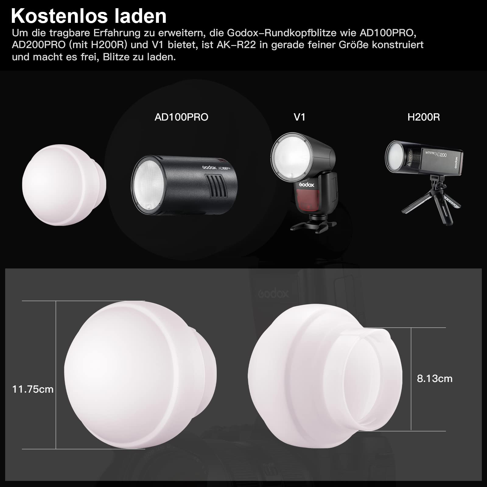 Godox AK-R22 Diffusion Dome,Zusammenklappbarer Lichtformer aus Silikonmaterial,für Rundkopfblitze Godox AD100PRO,AD200PRO (mit H200R),Diffusionskuppel für V1 Kamerablitzserie