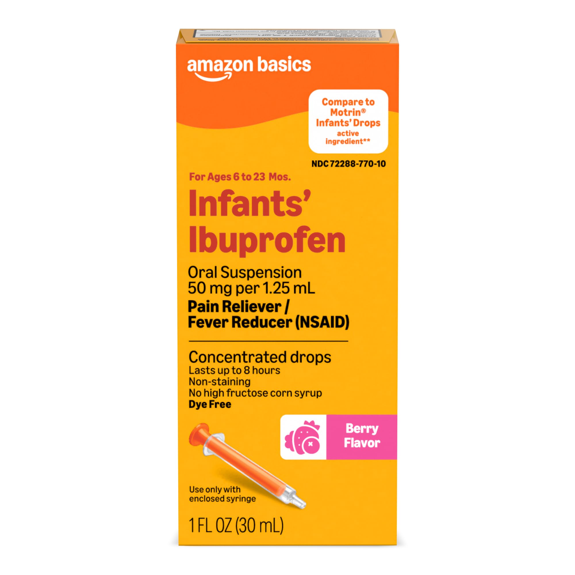 Amazon Basics Infants’ Ibuprofen Oral Suspension, 50 mg/1.25 mL, Berry Flavor Concentrated Drops, Dye-Free, 1 fl oz (Pack of 1) (Previously Care)