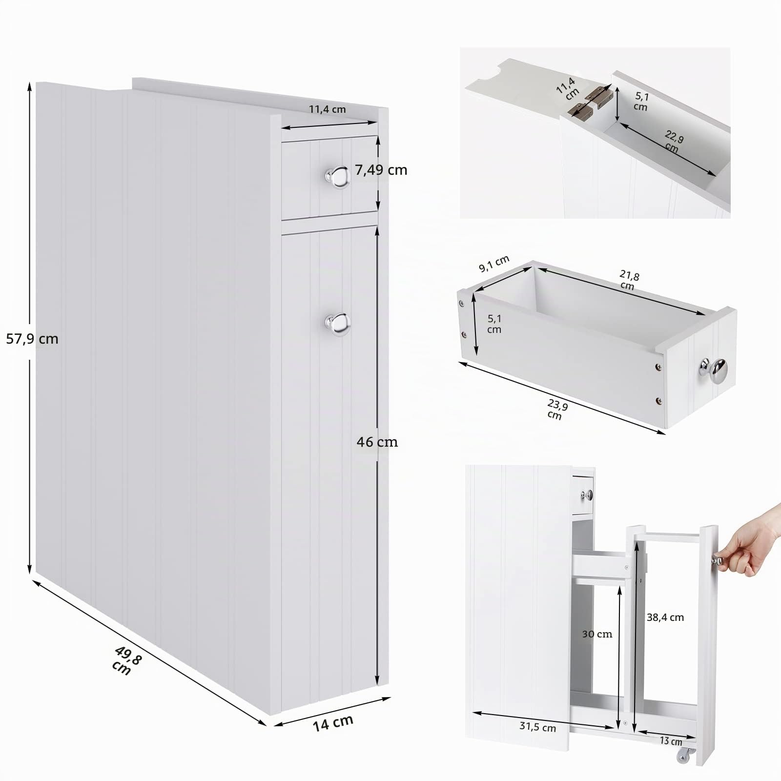 Schmaler Badezimmer-Aufbewahrungsschrank, 2-stöckig, 14 cm breit, Bodenschrank mit Schubladen und Rollen für kleine Räume, Toilettenpapier-Aufbewahrungsschrank, Weiß