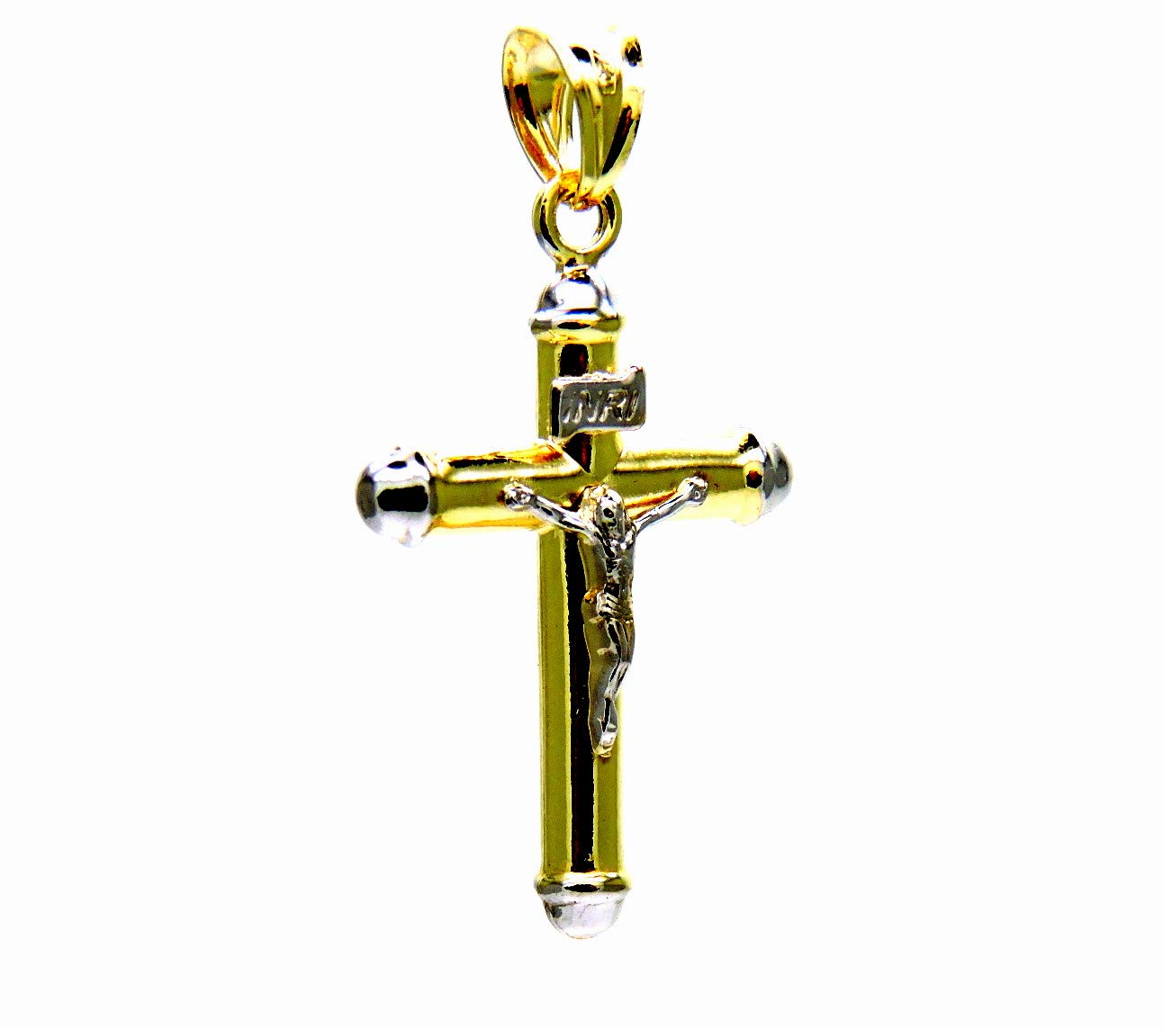 Ciondolo da Uomo in Oro Giallo e Bianco 18Kt (750) Pendente Religioso Croce Cristo Cappucci Bicolore