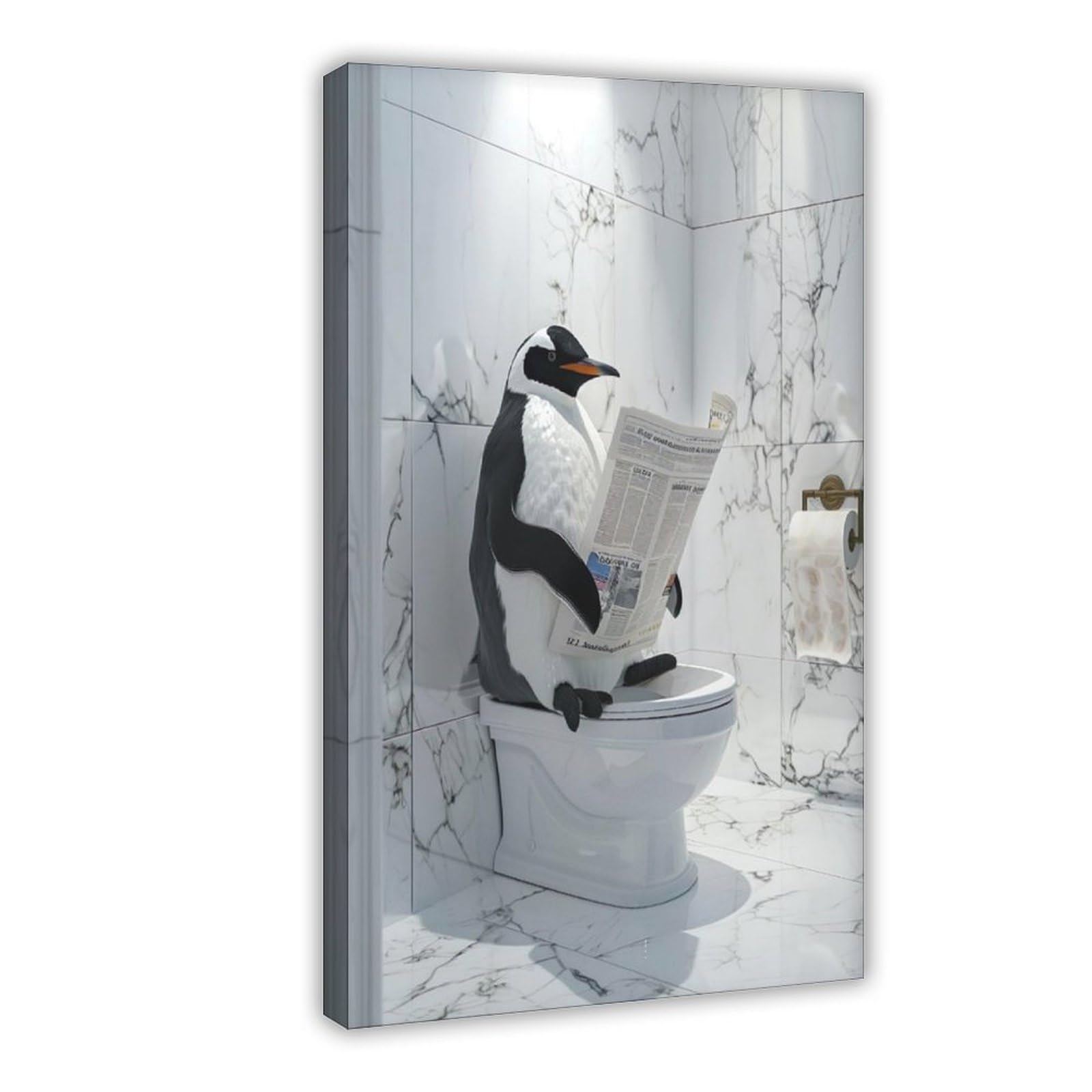 Bncedjk Penguin Sitting On The Toilet Reading A Newspaper Canvas Poster Bedroom Decor Landscape Decor Gift 08X12inch(20X30cm)