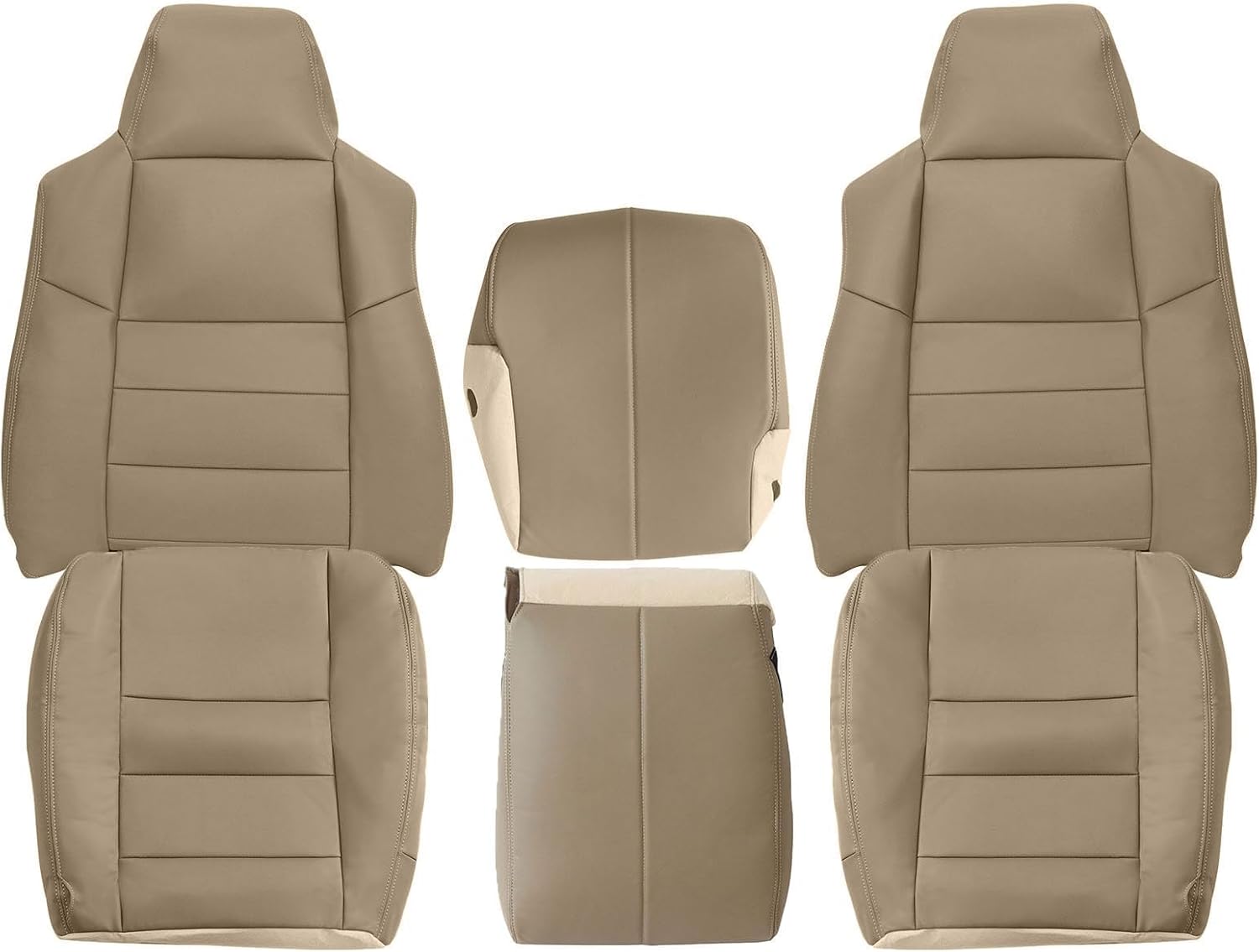 NLQR Tan Leather Front Driver & Passenger & Rear Seat Covers Replacement Full Set fit for Ford F250 F350 F450 F550 Lariat 2002 2003 2004 2005 2006 2007 Bottom & Top Lean Back & Headrests & Armrests