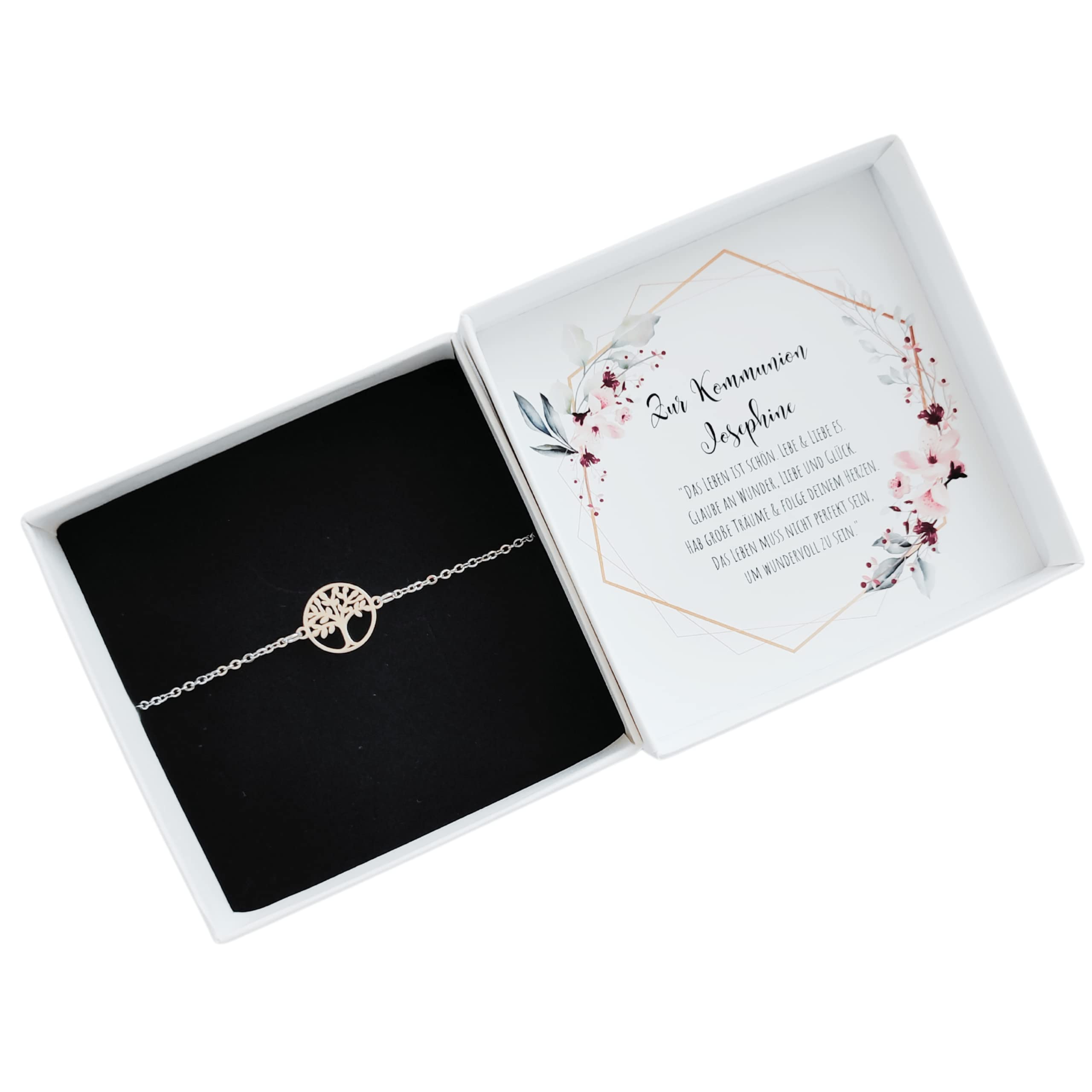 Geschenk zur Kommunion für Mädchen und Jungen – Symbol Armband nach Wahl, 316L Edelstahl (PVD-vergoldet, PVD-rosévergoldet) – personalisierte Geschenkbox mit Name