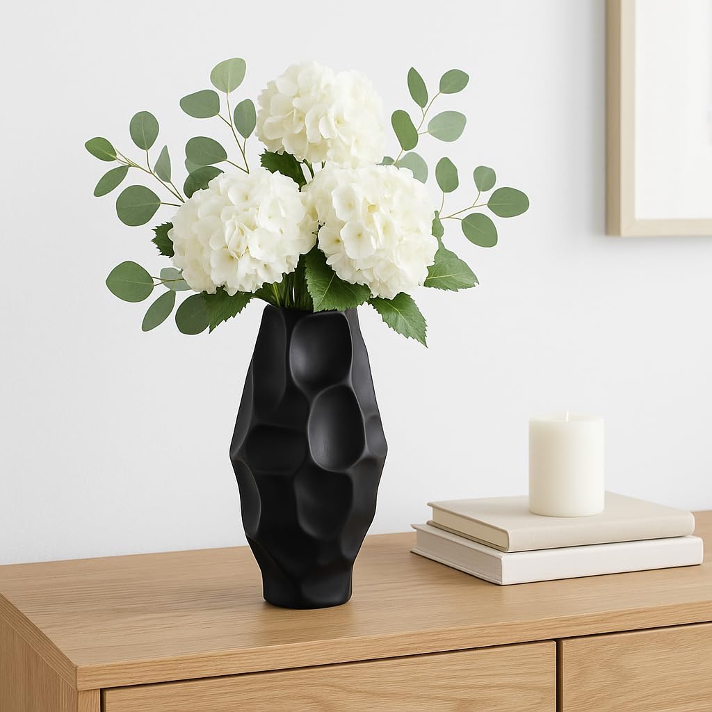 Ceramic Vase for Table Decor - Modern Bold Flower Vase for Living Room, Home, Bedroom, and House Decor – Beautiful Accent for Room and Office Accent Display – 17”, Black