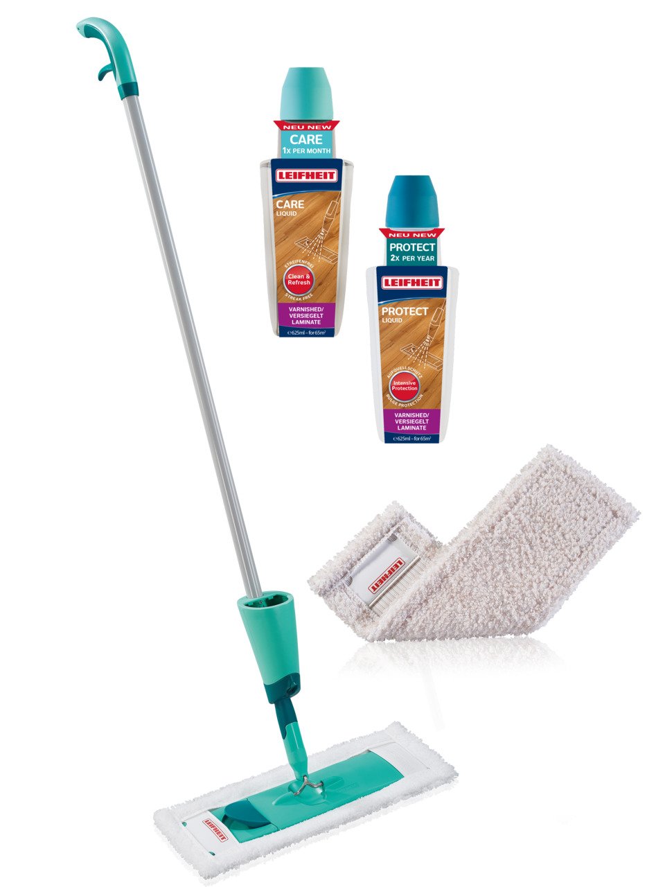 Leifheit Sprühwischer Starter Set Care & Protect für versiegeltes Parkett und Laminat, Wischer mit superweichem Bezug für empfingliche Böden, Bodenwischer inkl. Pflegemittel 625ml
