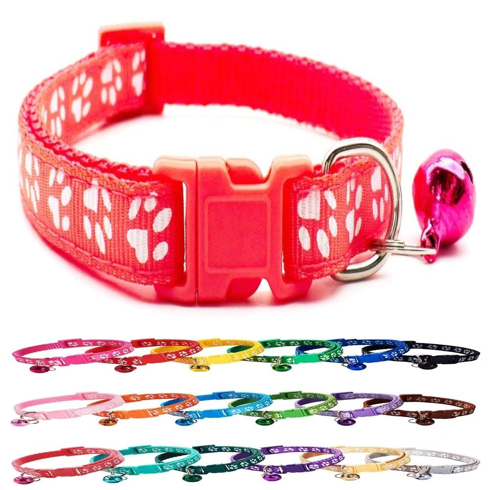 Dog Puppy Pet Small Medium Collar 2 Sizes Pawprint Design with Bell Nylon Adjustable Red Pink Watermelon S