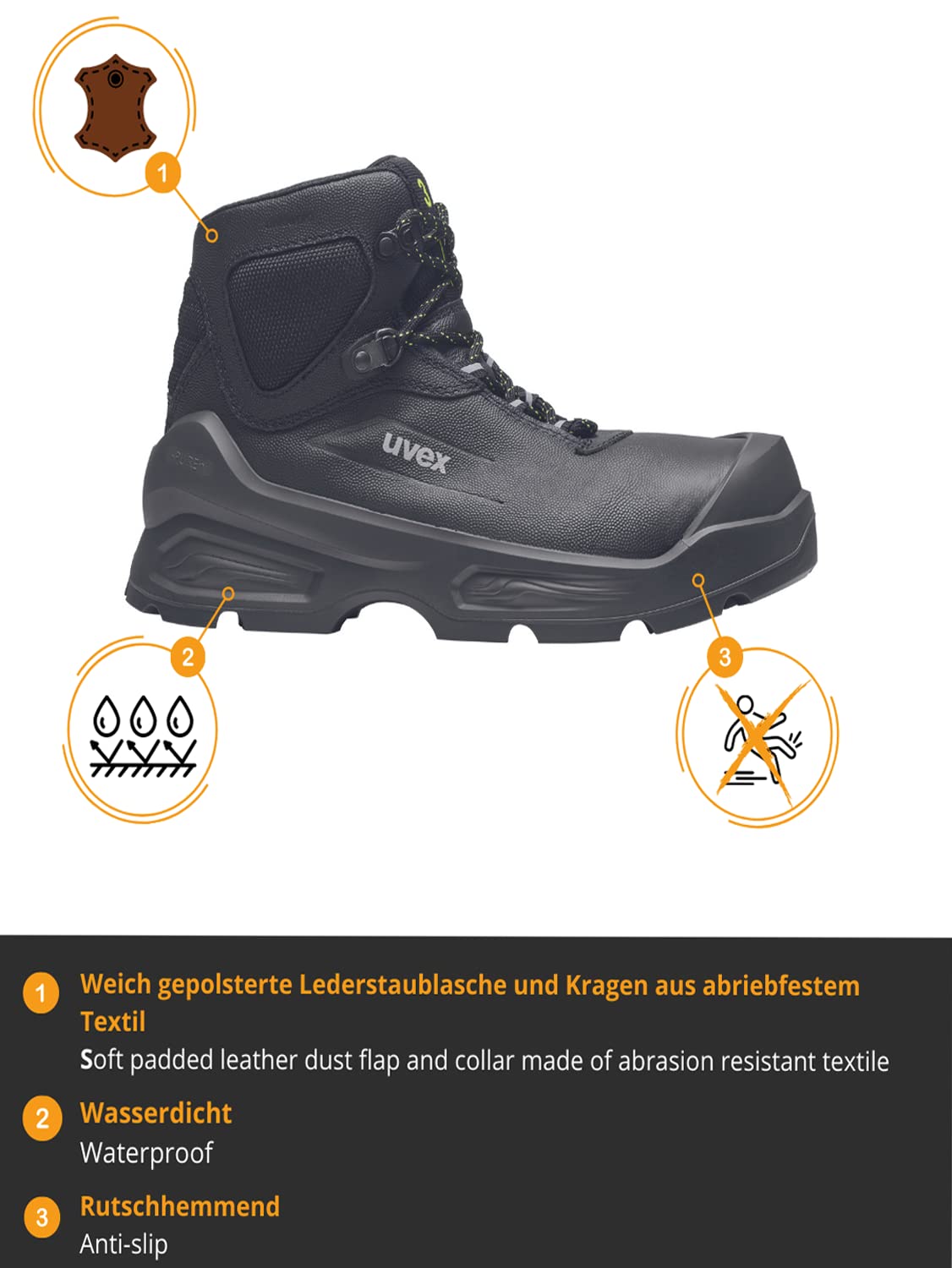 Uvex 3 Schnürstiefel S3 SRC ESD - Sicherheitsschuhe - Leder Arbeitsstiefel - wasserabweisende Sicherheitsstiefel - Weite 11
