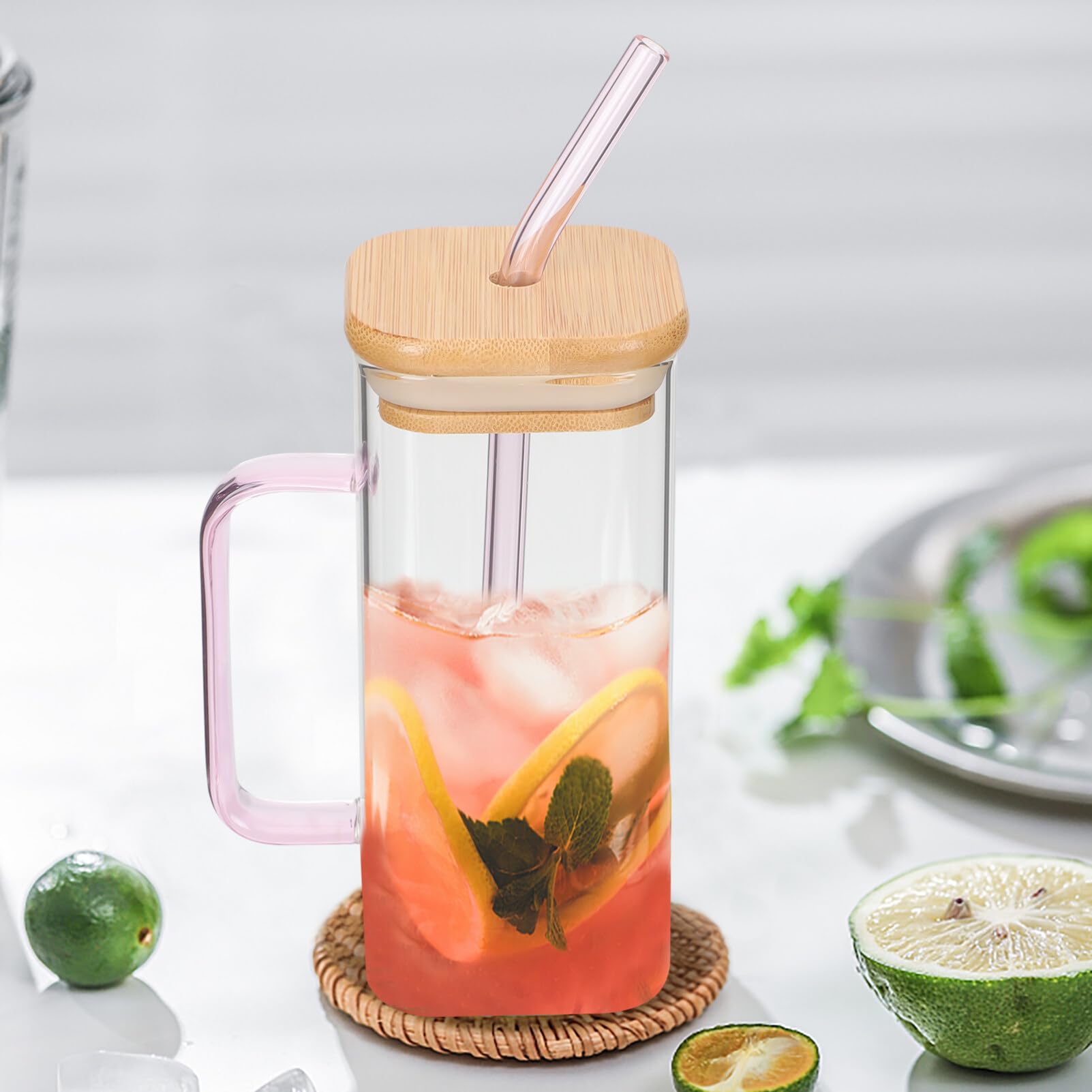 Luxshiny Tazas rectangulares de vidrio con pajilla con tapas, vasos cuadrados con asa, tapa de bambú, vasos de café helado transparentes para el hogar, accesorios de cocina, botella de agua rosa