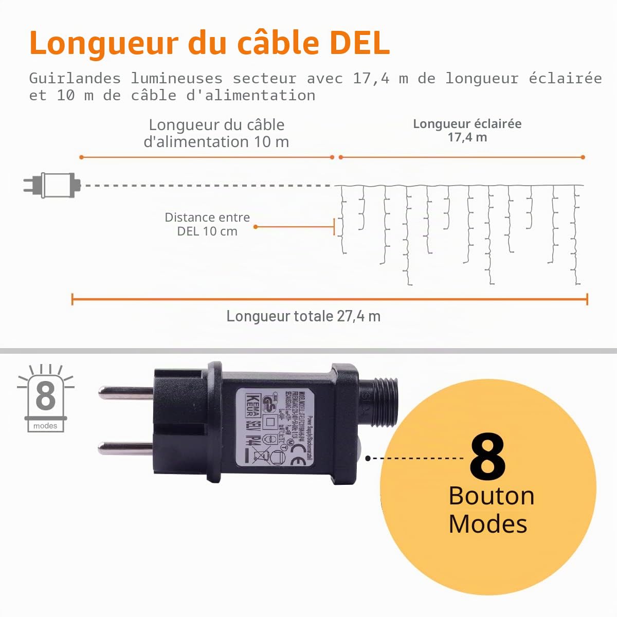 ANSIO® Guirlande Lumineuse 17.4m 500 LED Blanc Froid Guirlande Stalactite de Noel d'Extérieur et Intérieur Idéales pour Fenêtre, d’un Jardin | électrique Guirlande | Câble Transparent