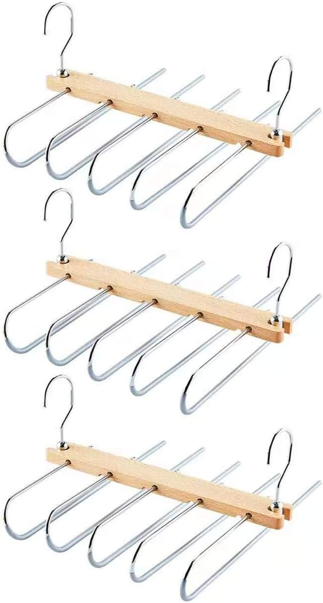 coolgoo Magic Pants Hangers, Folding Space Saver Storage for Trousers Scarf Tie Belt, Hangers 5 Layers 2 Uses Multi Functional, Solid Metal & Wood Heavy Duty Wardrobe Organizer Racks(Set of 3)