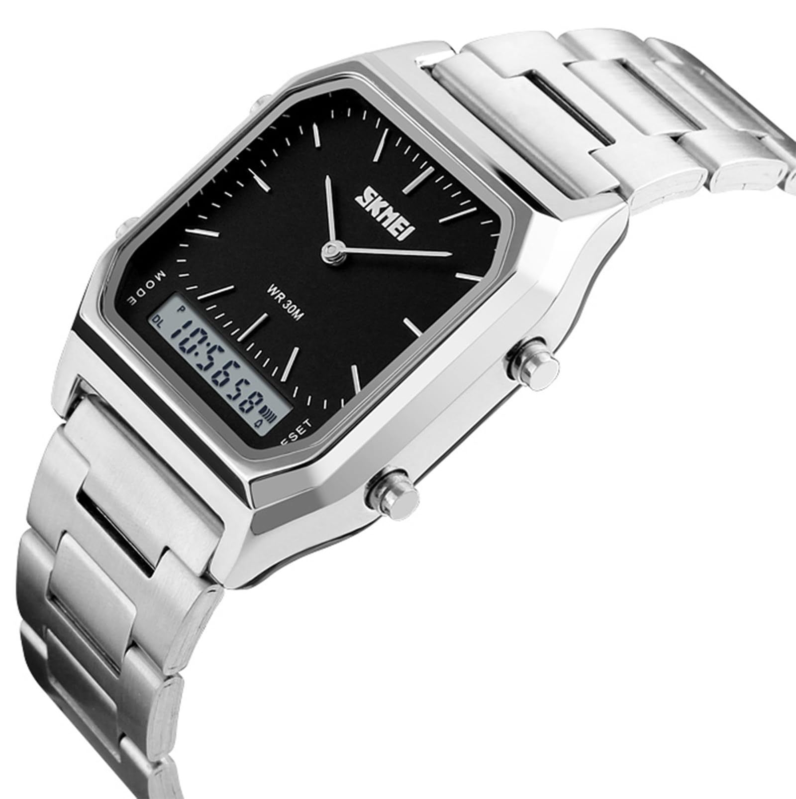 Gosasa Montre de sport analogique multifonction carrée avec double affichage et bracelet en acier inoxydable pour homme et femme