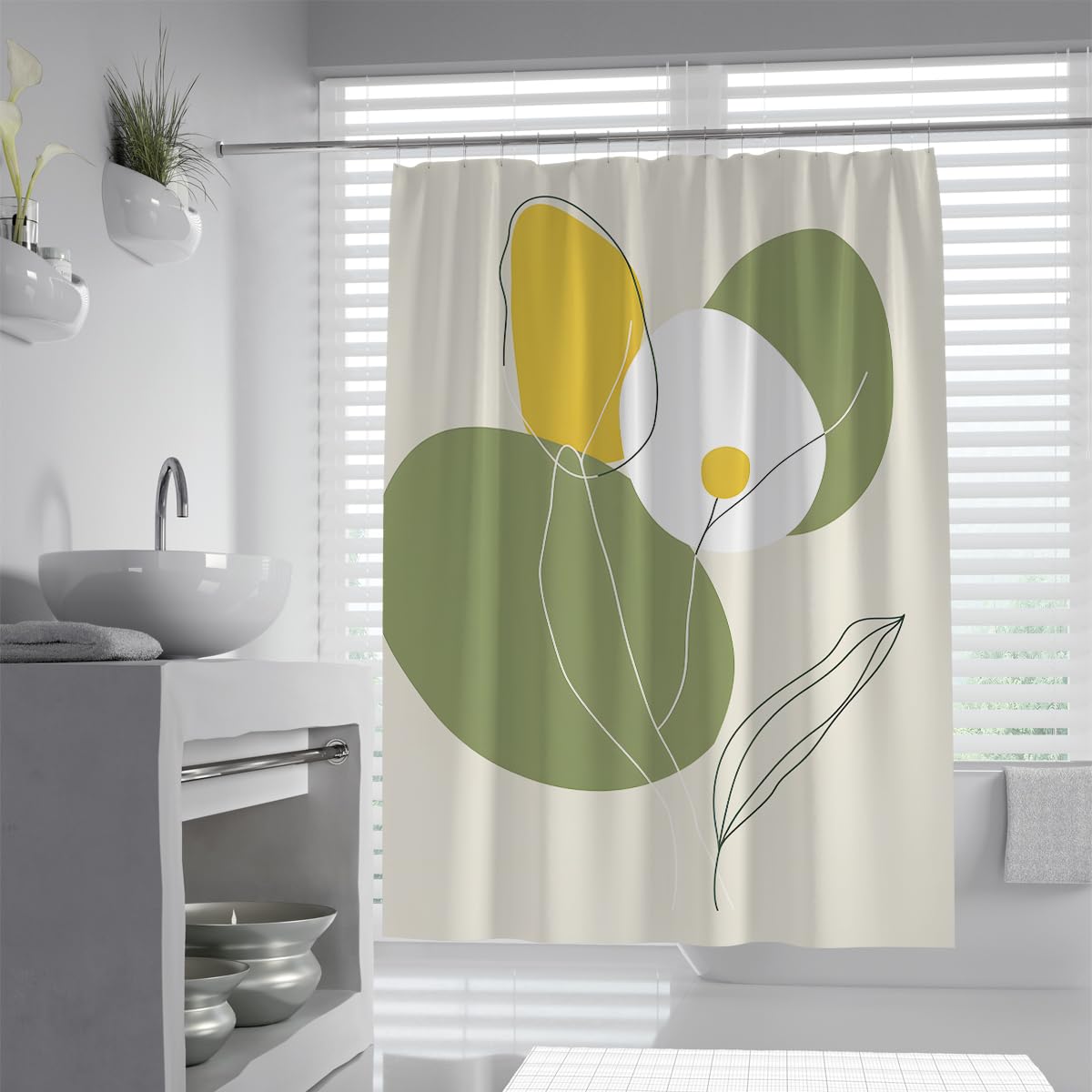 Uiringart Shower Curtains Olive Green Yellow Abstract Botanical W180xl200cm Mid Century Boho Mildew Resistant Waterproof Bath Tub Curtain Decor With Hook