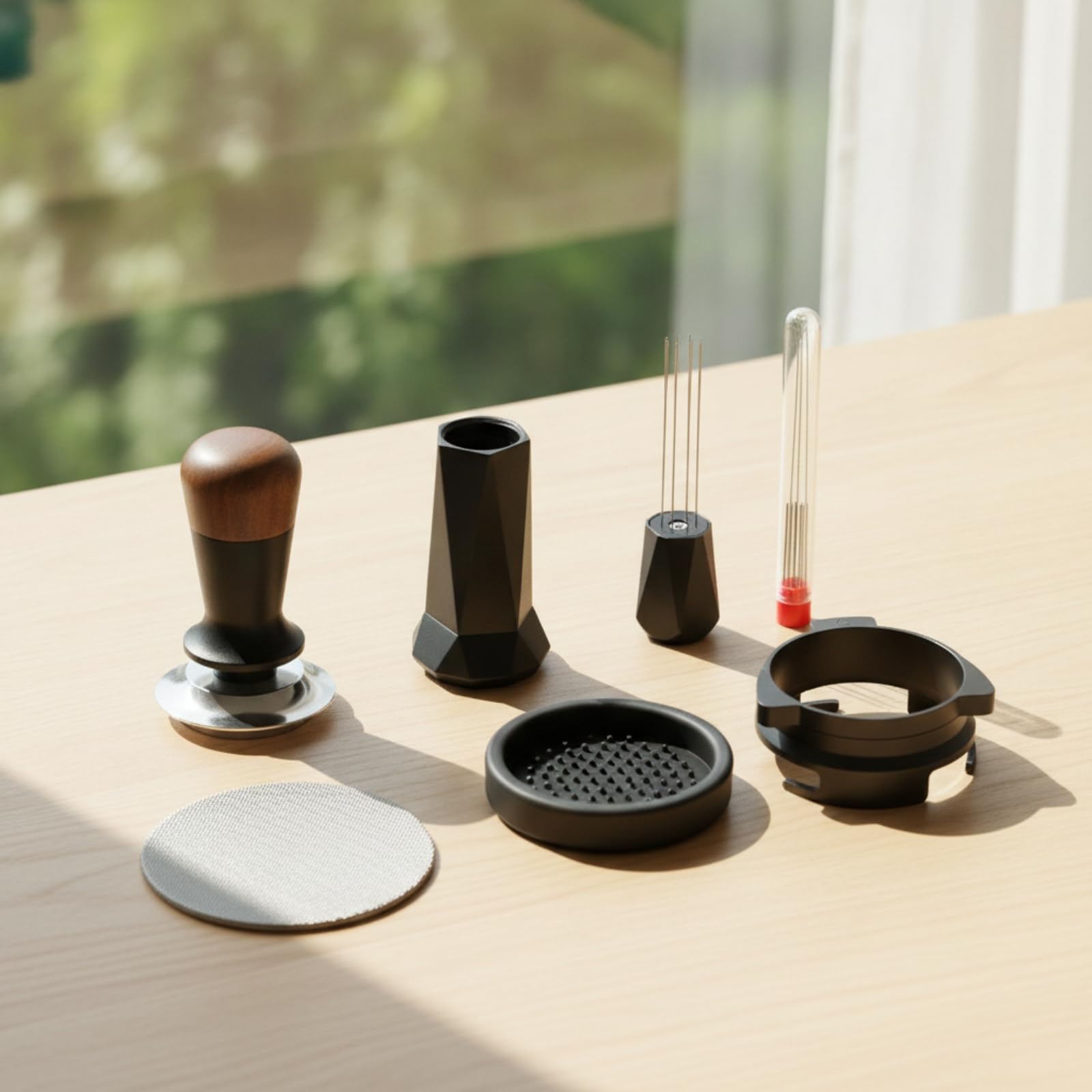 Kit Pressino caffè 5 Pezzi con Utensile Distribuzione Macinato Schermo Rotondo Tappetino Pressa Nero Supporto Dosatore in Acciaio per Estrazione Uniforme Macchina