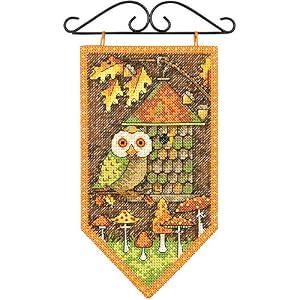 Image of Dimensions Counted Cross Stitch Kit, Fall Owl Seasonal Autumn Banner Cross Stitch Kit, 5'' x 8''