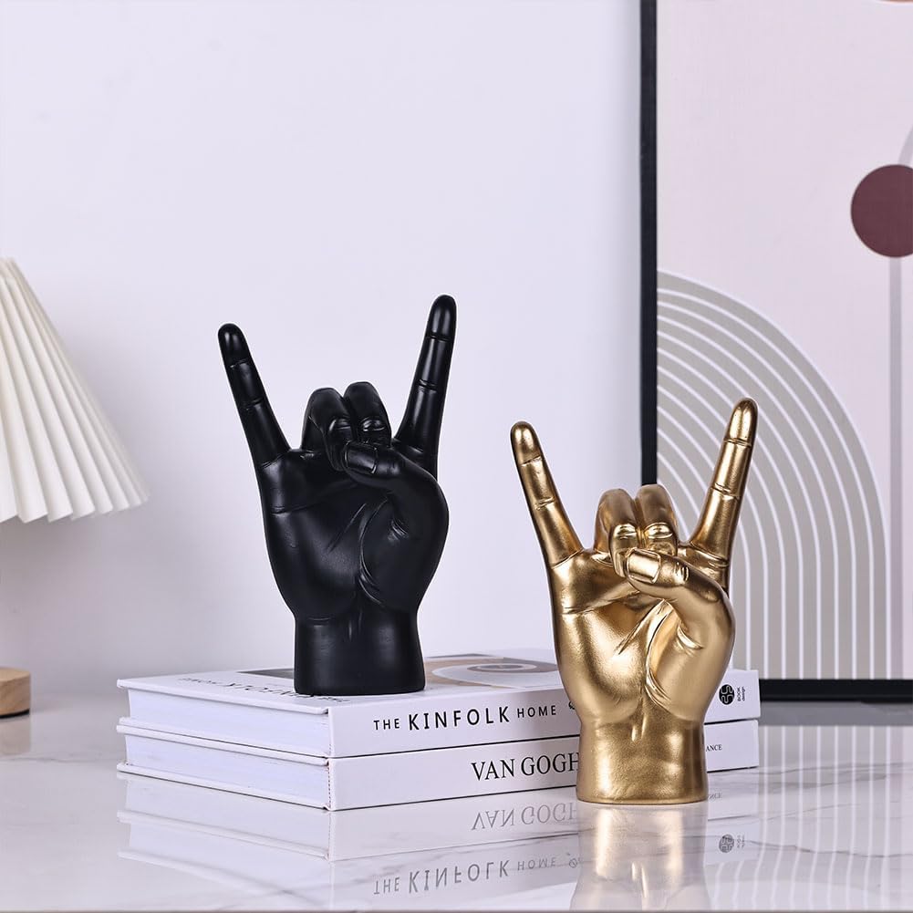 QIANLING 7.7" Black Resin Rock On Hand Gesture Statue - Rock Culture Music Lovers' Decorative Tabletop Sculpture for Bookshelf, Desk & Mantel Decor in Home or Office, Modern Symbolic Figurine - Image 6