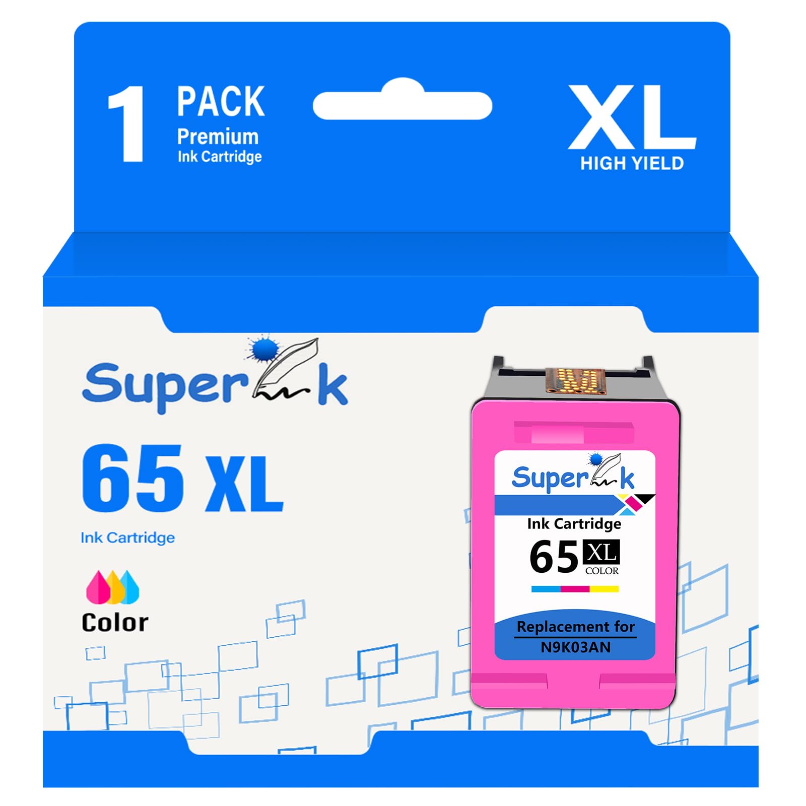 SuperInk Remanufactured High Yield Ink Cartridge Replacement for HP 65 65XL N9K03AN Deskjet 3720 3721 3722 3723 3730 3732 3752 3755 3758 Envy 5052 5055 5058 Printer,Show Ink Level (Tri-Color, 1 Pack)