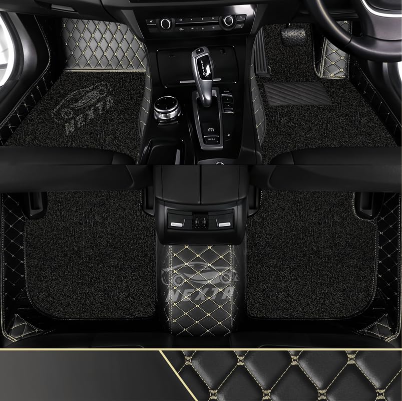 Image of NEXTA Premium Faux Leather 7D Car Floor Mats for MG Majestor - 7 Seater (All 3 Rows) || Luxury Leather with Grass Mat Complete Set || 100% Waterproof and Washable (Color Black & Golden)
