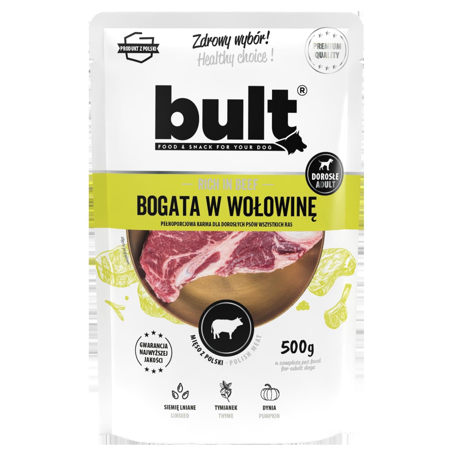 BULT Mokra Karma dla Psa Mix Smaków Dorsz Dziczyzna Indyk Jagnięcina Kaczka Wołowina 500 g dla Dorosłych Mielonka z Olejem z Łososia i Tymiankiem 30 Saszetek