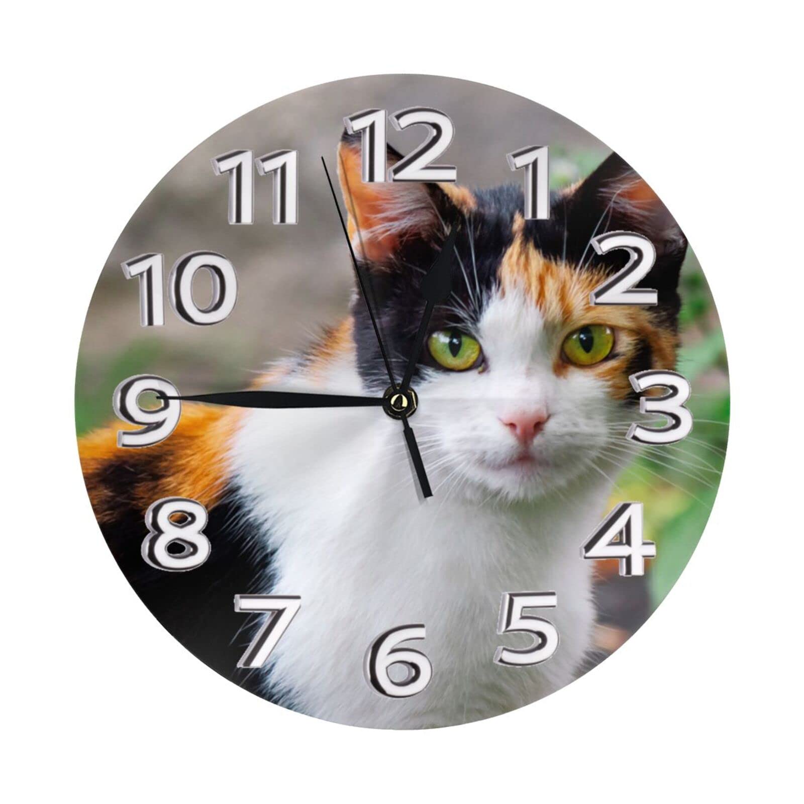 Oudrspo Cute Calico Cat Wall Clock Silent Non-Ticking Round Wall Clock Bathroom Kitchen Clock 10in
