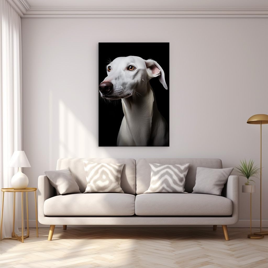Canvas for Living room. Gazing into Serenity - The White Whippet's Mesmerizing Eyes Against the Void, 27 x 18 inch Canvas Wall Art - Contemporary Masterpieces - Modern Home Decor