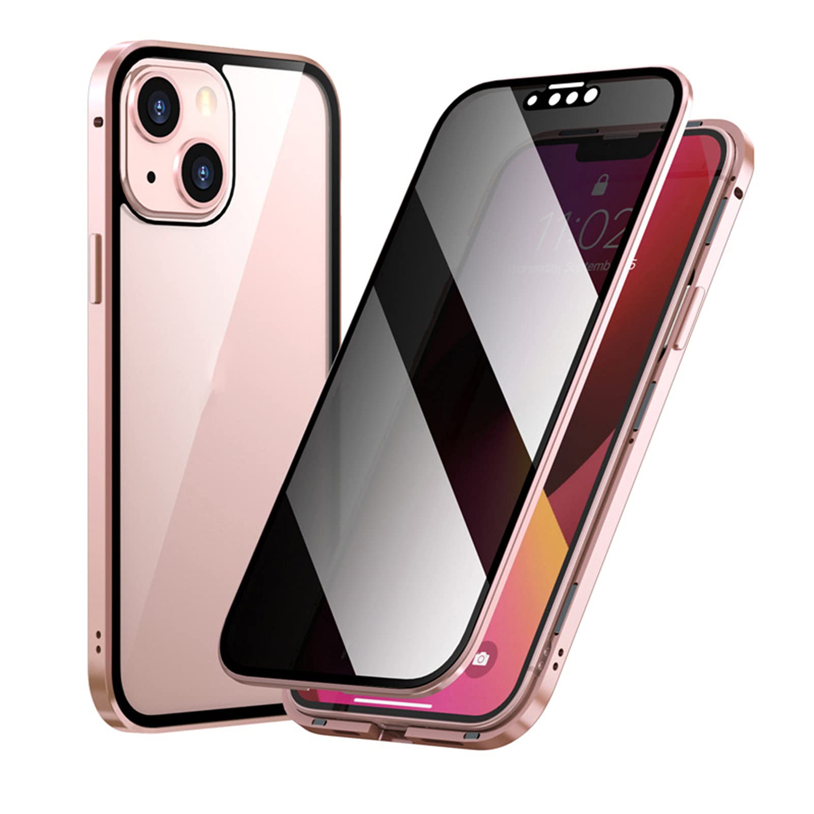 Custodia IPhone 13 Magnetica 360° – Cover In Metallo E Vetro Temperato, Assorbimento Magnetico, Rosa - 3