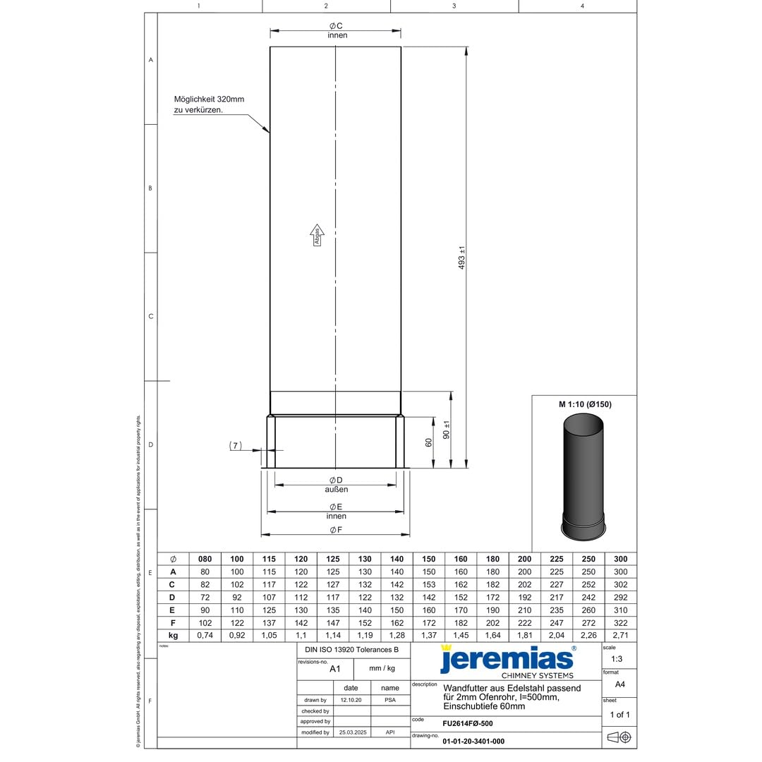 EW-FU Ø 120 mm Wandfutter aus Edelstahl - für 2 mm Ofenrohr - Länge 500 mm