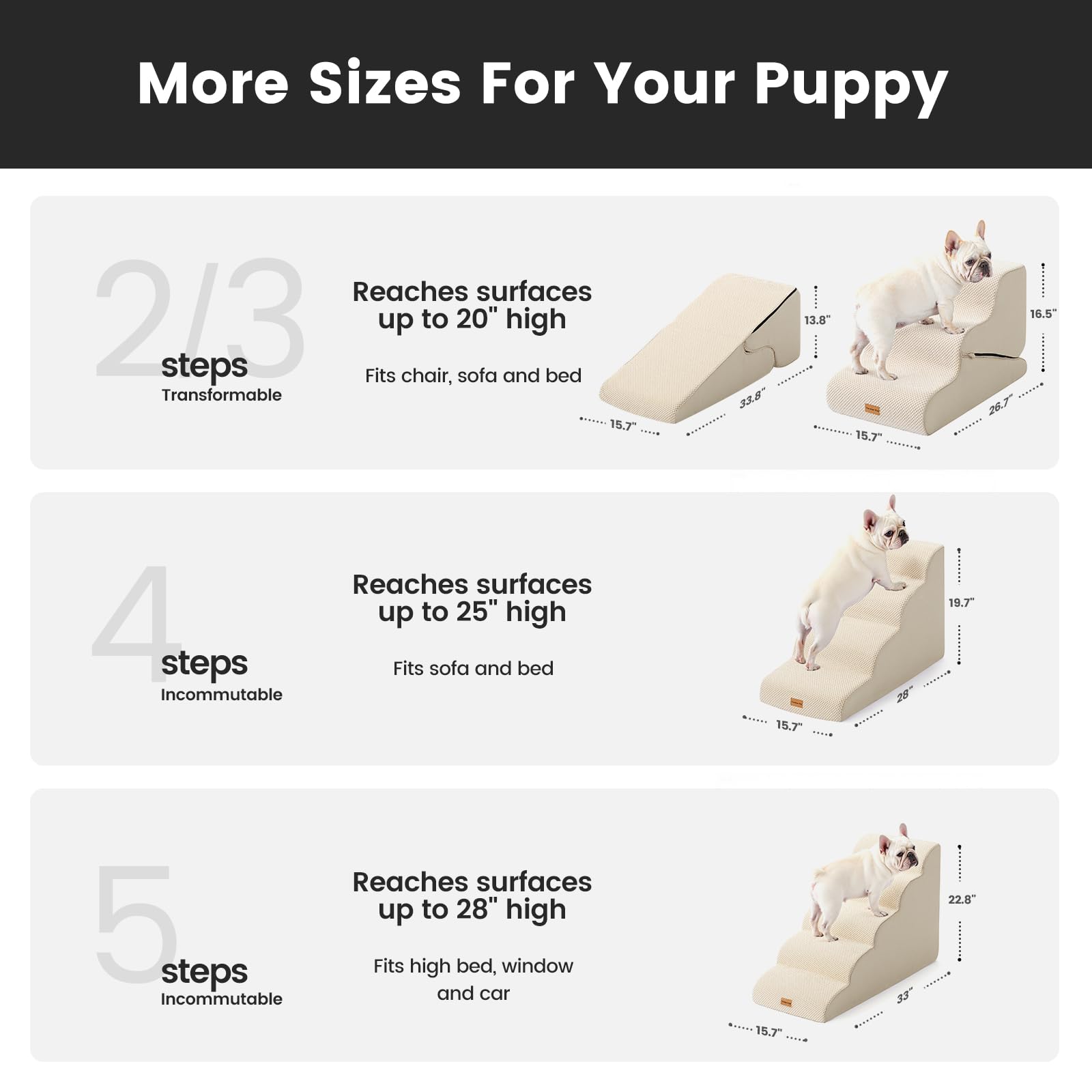 Gardner Pet Scala per Cani Piccoli 58cm, 5 Gradini, Rampina in Schiuma con Rivestimento Antiscivolo e Impermeabile per Letto, Divano e Auto, Beige